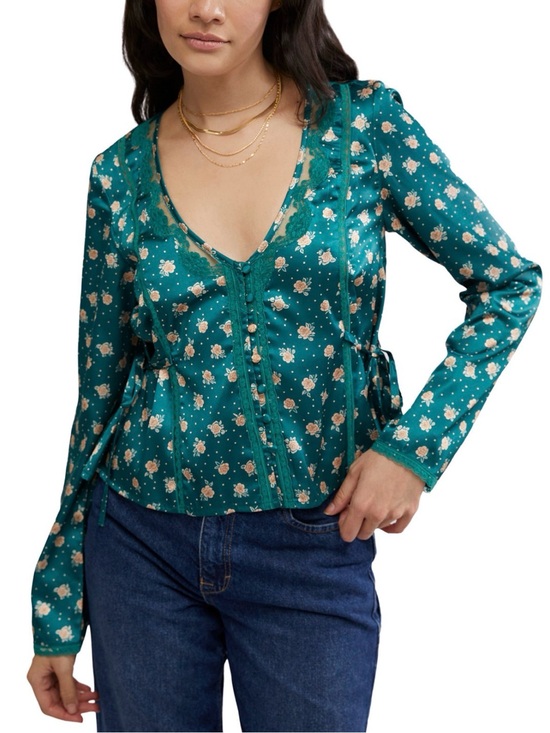 Free People Tops - Free People Field Of Roses Button-Front Long Sleeve FloralSatin Teal Blouse NWOT